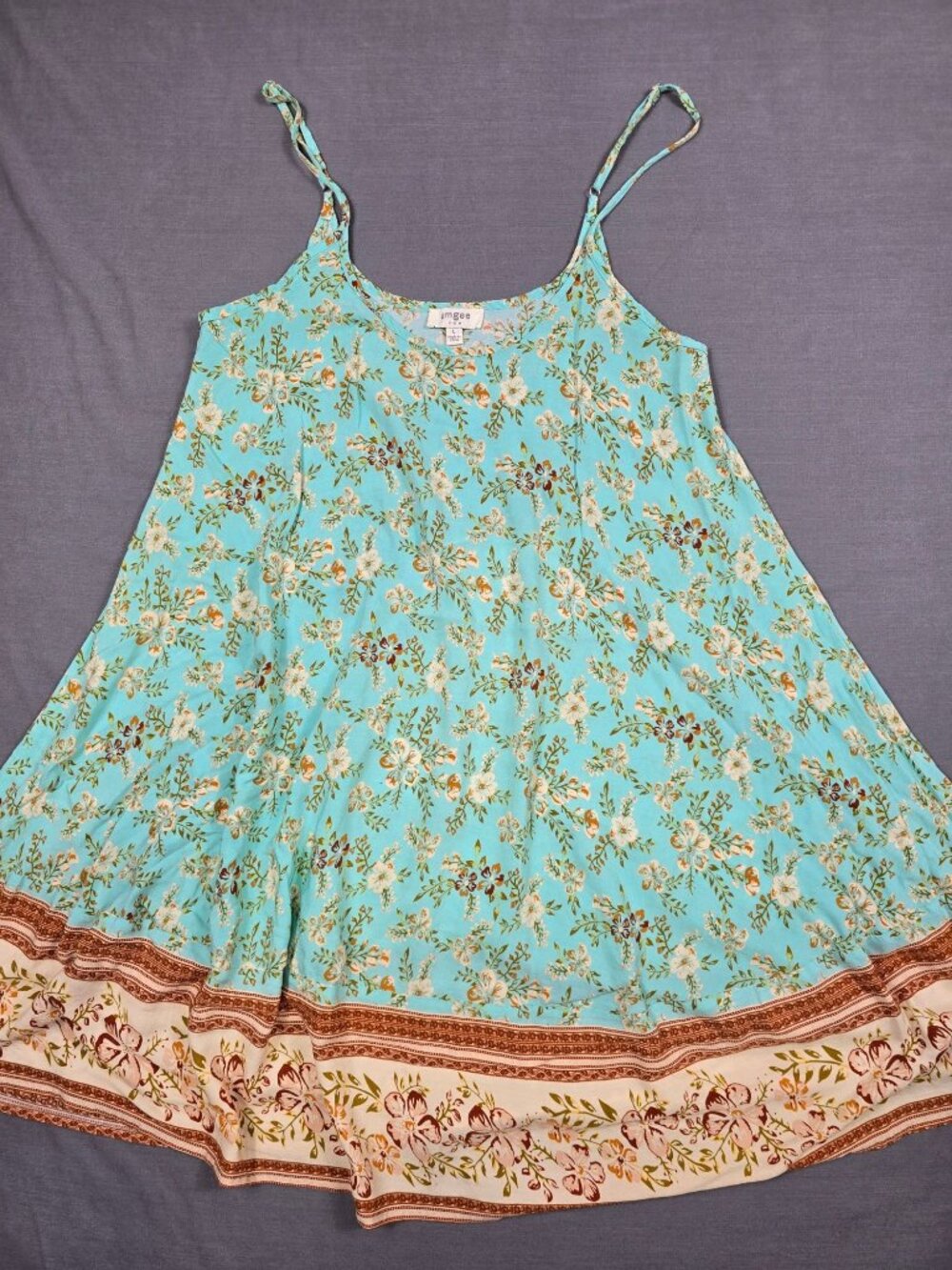 Umgee Womens Floral Print Spaghetti Strap Dress L Blue & Beige Boho